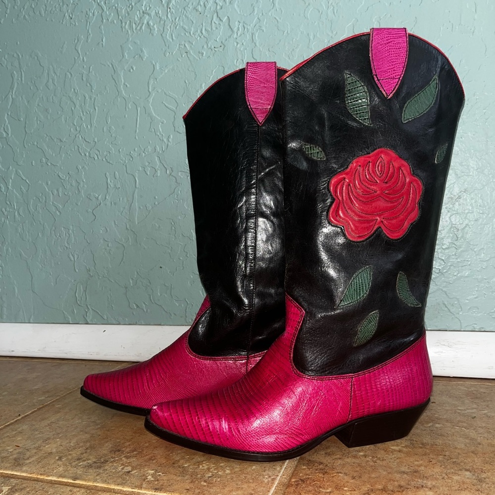 RARE! Vintage 90s Nine West Black Pink Red Rose Leather Cowboy Boots
